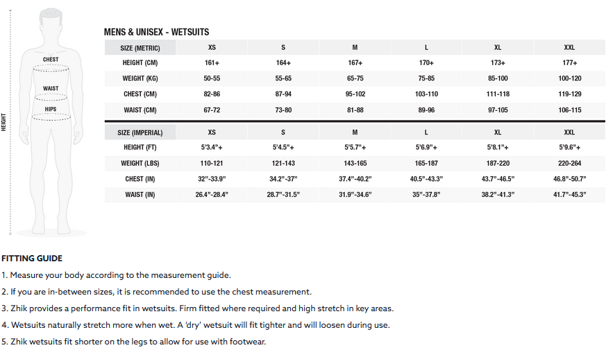 Zhik Mens Wetsuits 2024 Mens Size Chart